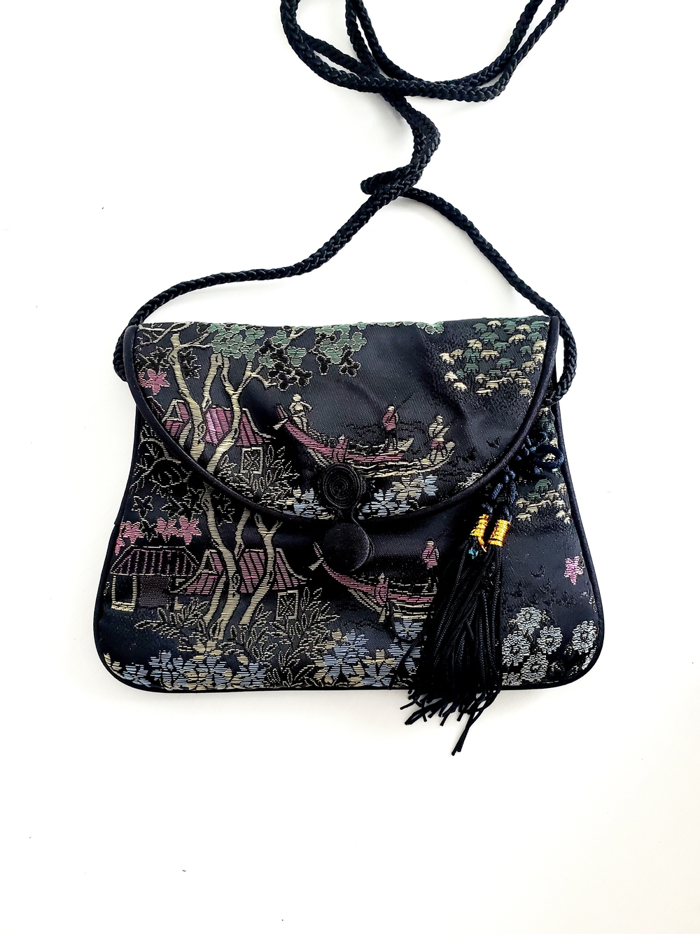Black Jacquard Embroidered Crossbody Bag with Tassel